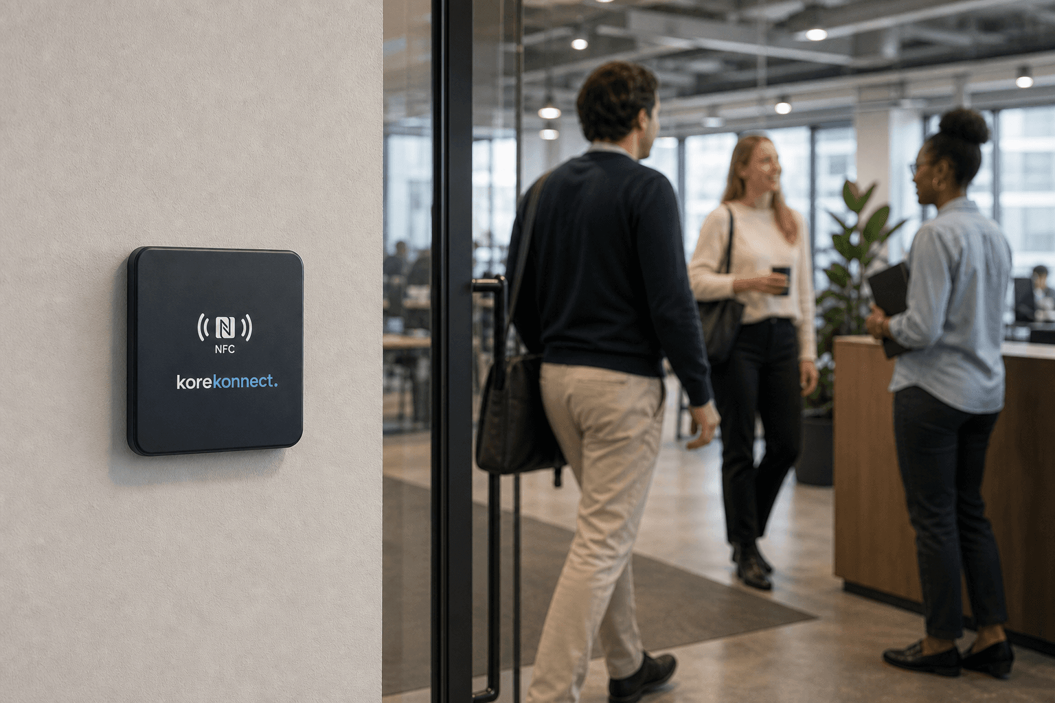 Staff arriving at a workplace entrance with a KoreKonnect KonnectReader on the wall
